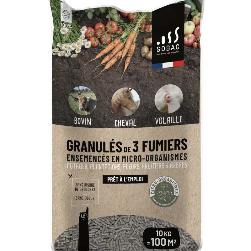 Granulés de 3 fumiers avec micro-organismes - 10kg - Sobac